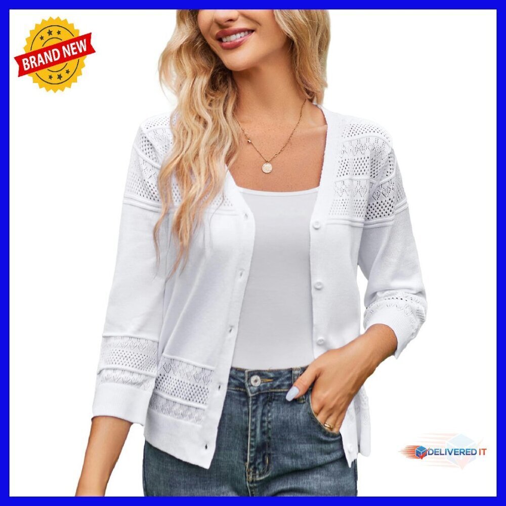 Cropped Cardigan 3/4 Sleeve Lightweight Crochet Knit Sweater